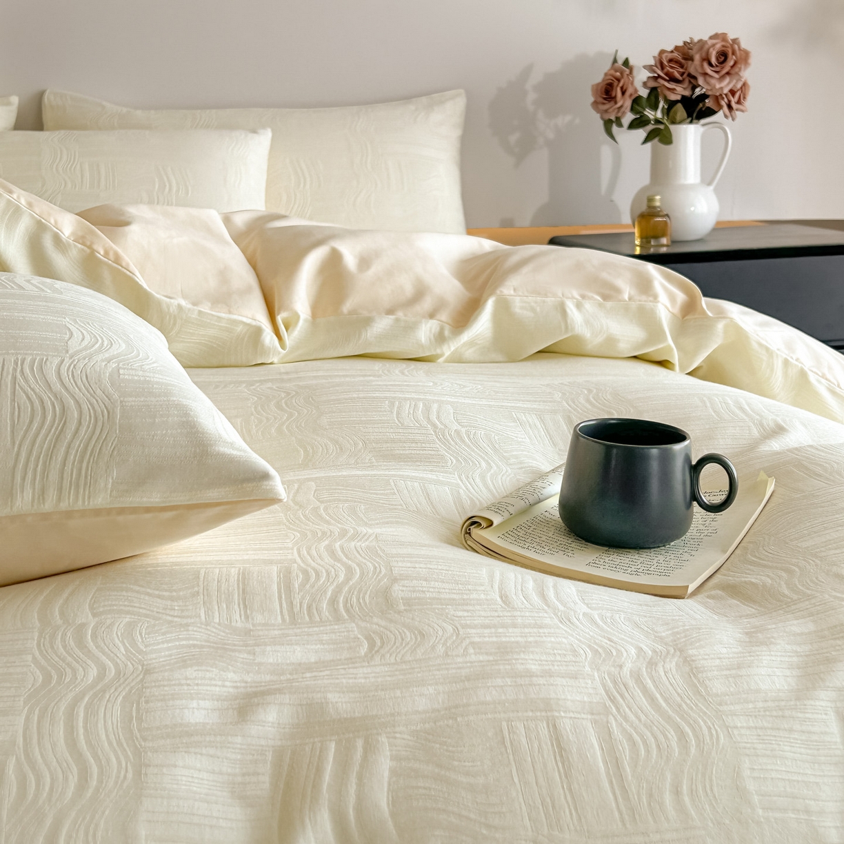 91家纺网 家纺一手货源 找家纺 曼之夏 2026新款60支全棉水洗浮雕提花四件套 幻纤影-米白