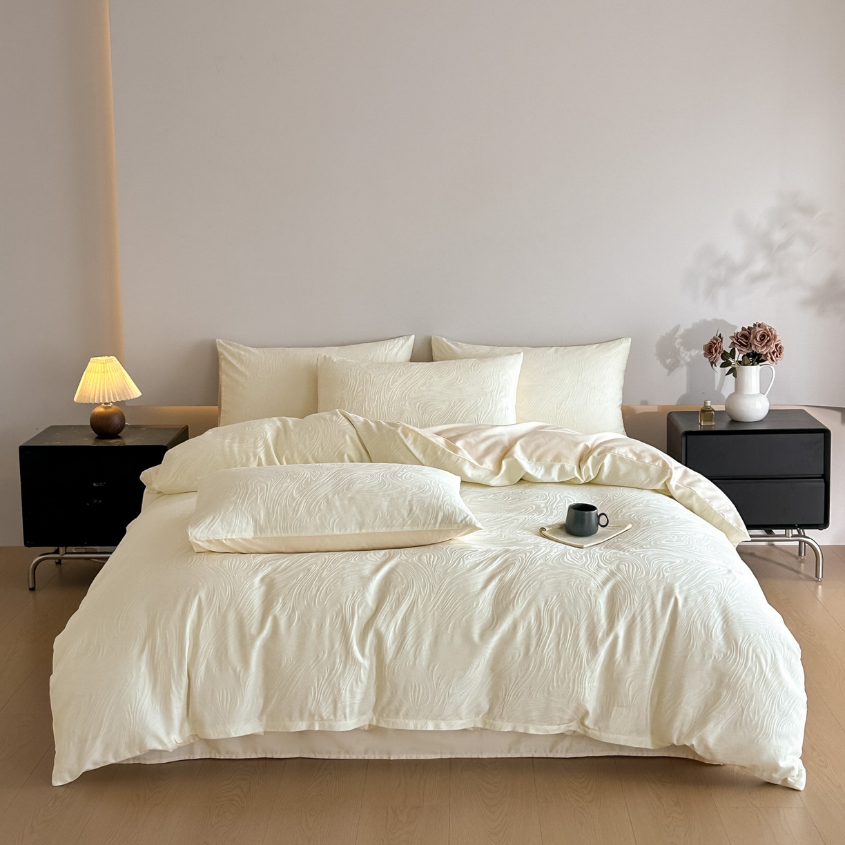 曼之夏 2026新款60支全棉水洗浮雕提花四件套 凯迪娜-米白