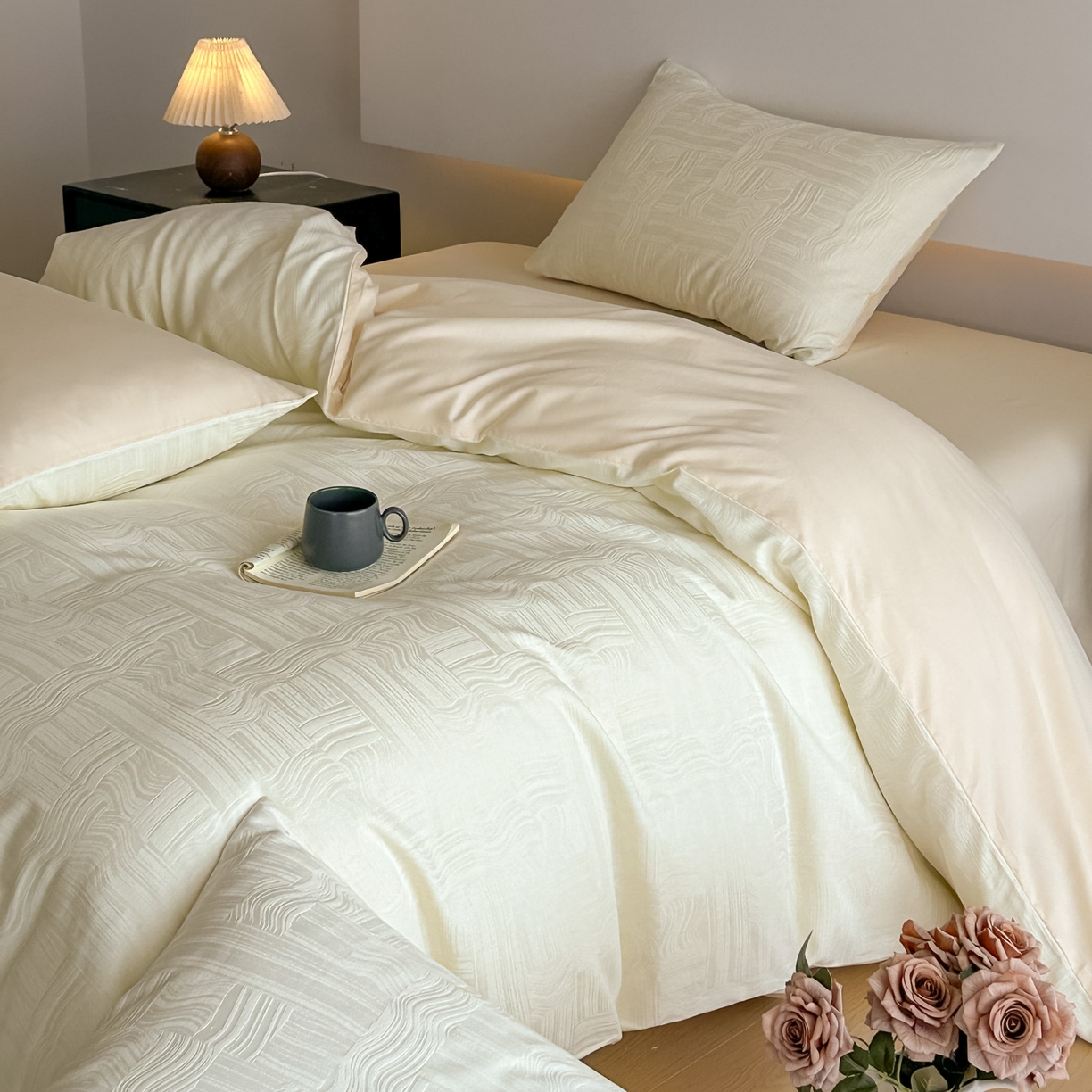 91家纺网 家纺一手货源 找家纺 曼之夏 2026新款60支全棉水洗浮雕提花四件套 幻纤影-米白