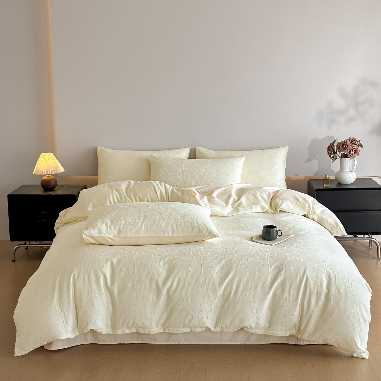 曼之夏 2026新款60支全棉水洗浮雕提花四件套 山涧雾-米白