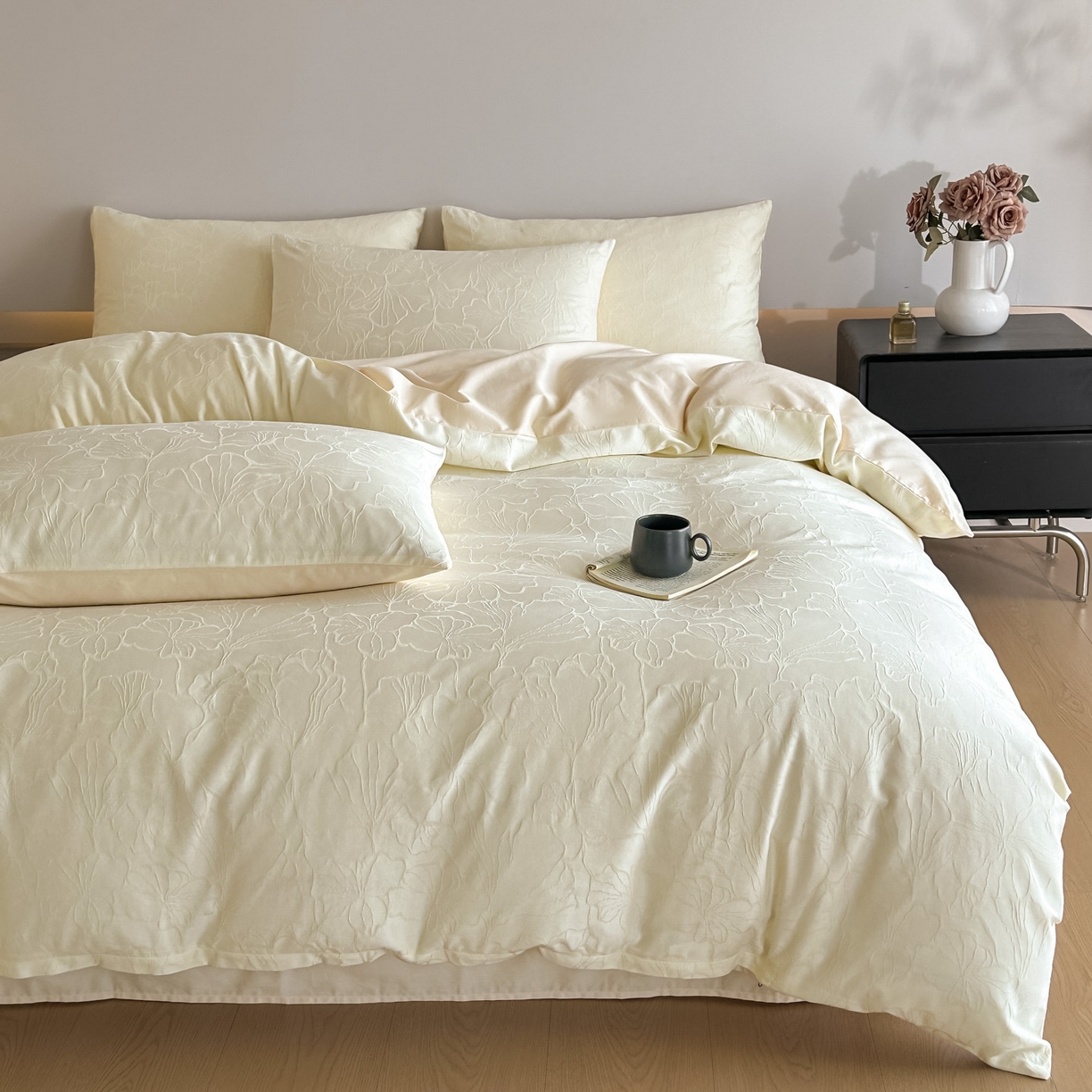 91家纺网 家纺一手货源 找家纺 曼之夏 2026新款60支全棉水洗浮雕提花四件套 山涧雾-米白