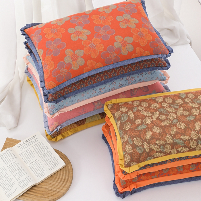 91家纺网 家纺一手货源 找家纺 （总）仁宇枕业 2026新款全棉提花双层纱花边款儿童成人荞麦棉花乳胶枕头枕芯