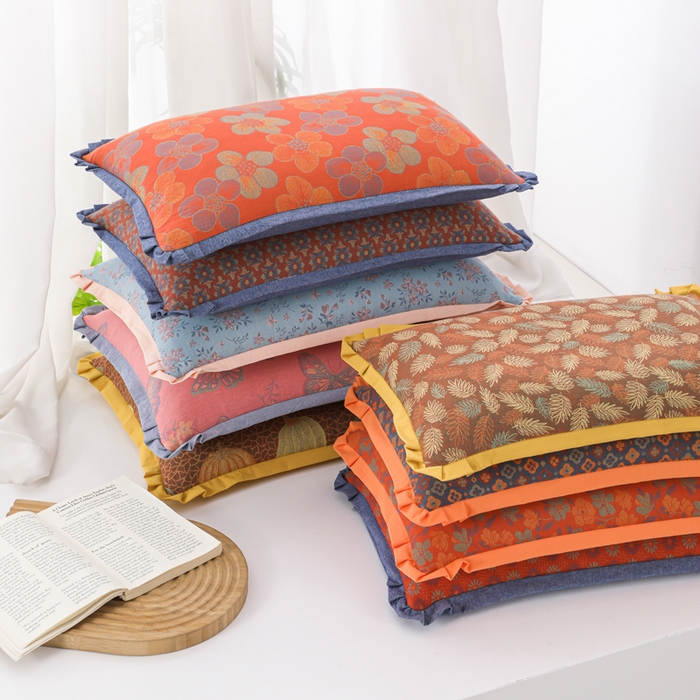 91家纺网 家纺一手货源 找家纺 （总）仁宇枕业 2026新款全棉提花双层纱花边款儿童成人荞麦棉花乳胶枕头枕芯