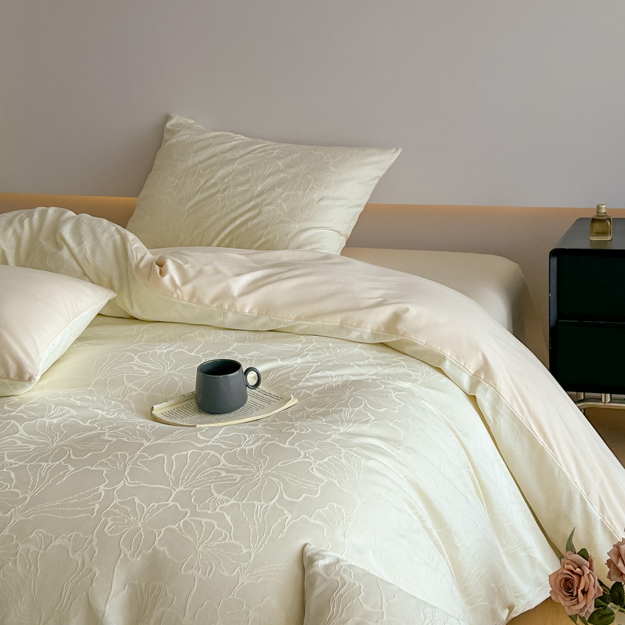 91家纺网 家纺一手货源 找家纺 曼之夏 2026新款60支全棉水洗浮雕提花四件套 山涧雾-米白