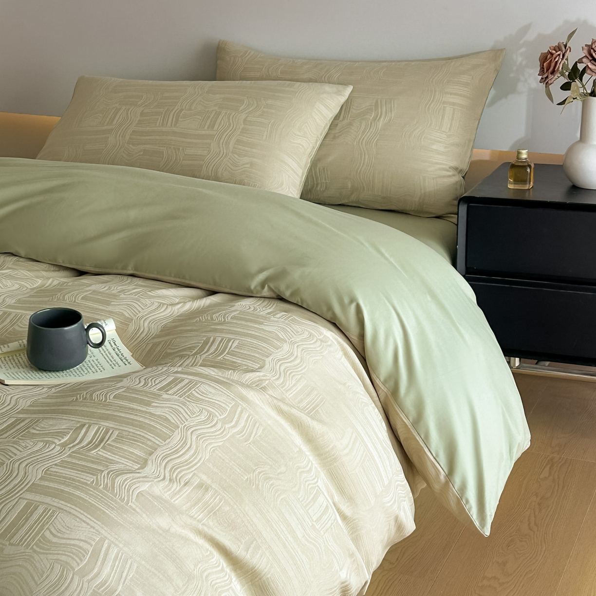 91家纺网 家纺一手货源 找家纺 曼之夏 2026新款60支全棉水洗浮雕提花四件套 幻纤影-浅茶色