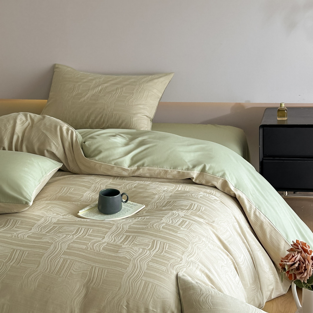 91家纺网 家纺一手货源 找家纺 曼之夏 2026新款60支全棉水洗浮雕提花四件套 幻纤影-浅茶色