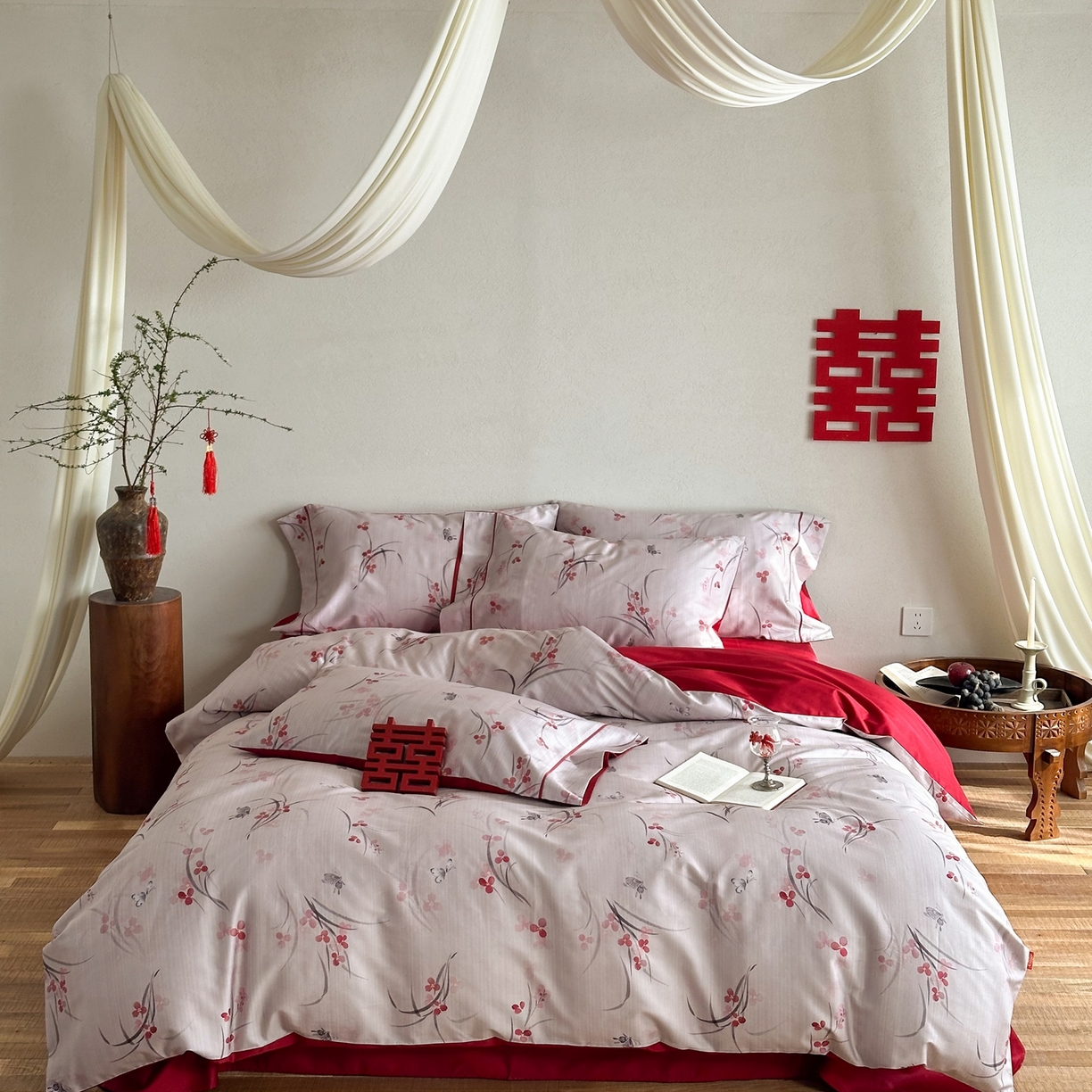 91家纺网 家纺一手货源 找家纺 （总）西西家居 2026新款100S长绒棉纯棉数码款印花四件套-蔷薇花信（含精致红色礼盒）