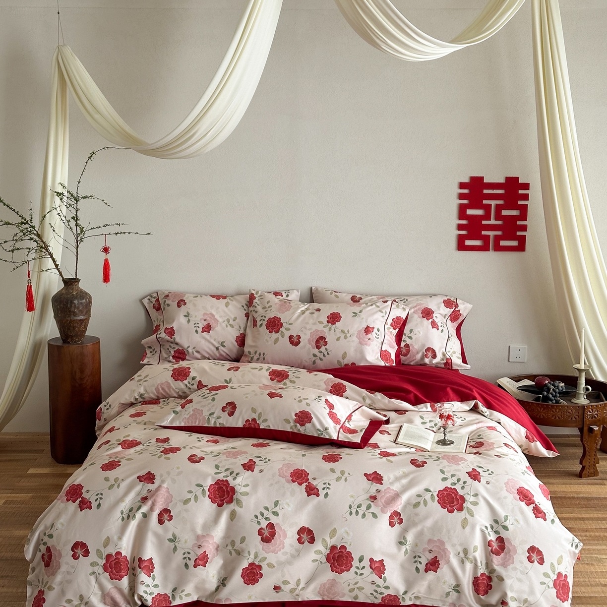 91家纺网 家纺一手货源 找家纺 （总）西西家居 2026新款100S长绒棉纯棉数码款印花四件套-玫瑰情书（含精致红色礼盒）