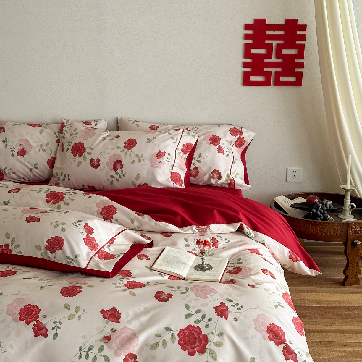 91家纺网 家纺一手货源 找家纺 （总）西西家居 2026新款100S长绒棉纯棉数码款印花四件套-玫瑰情书（含精致红色礼盒）