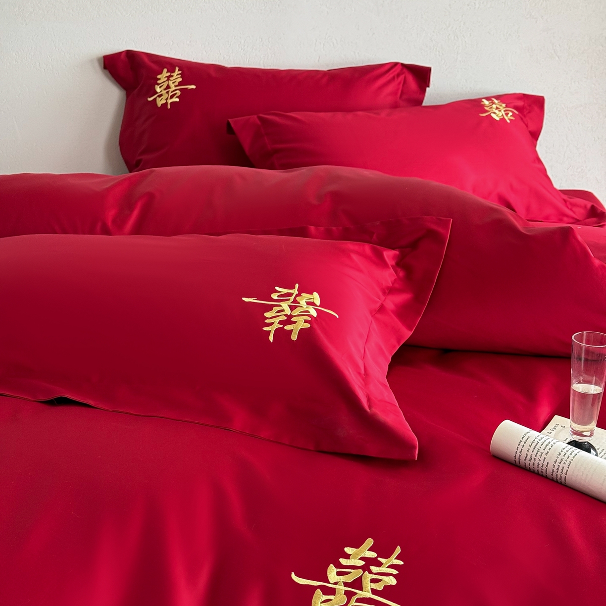 91家纺网 家纺一手货源 找家纺 （总）西西家居 2026新款100S长绒棉纯棉刺绣四件套-家有囍事（含精致红色礼盒）