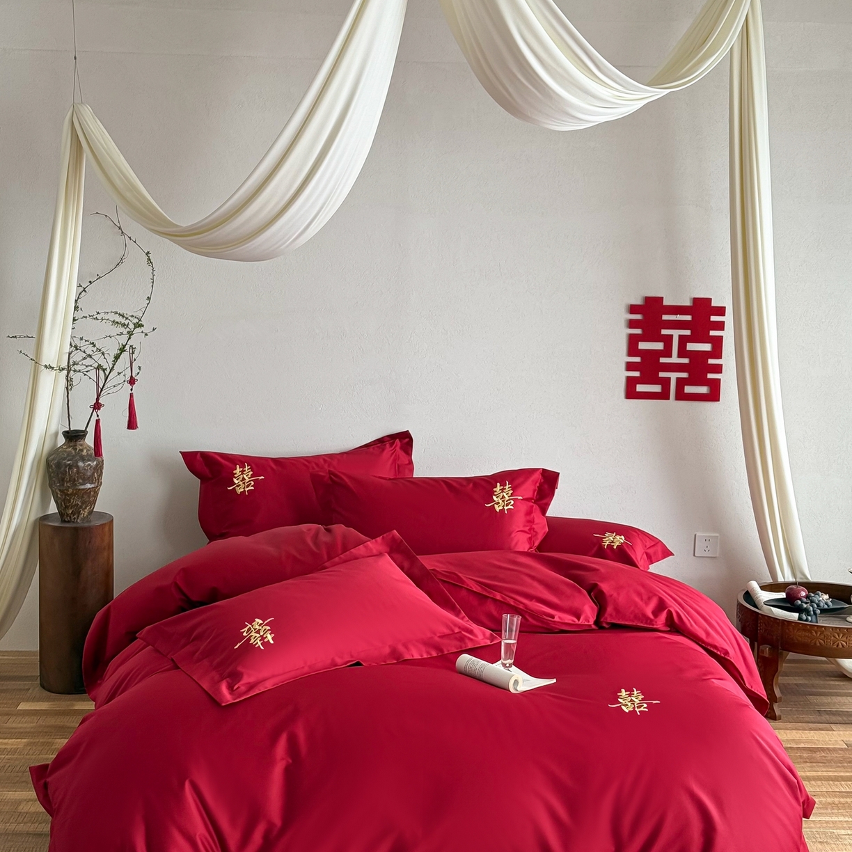 91家纺网 家纺一手货源 找家纺 （总）西西家居 2026新款100S长绒棉纯棉刺绣四件套-家有囍事（含精致红色礼盒）