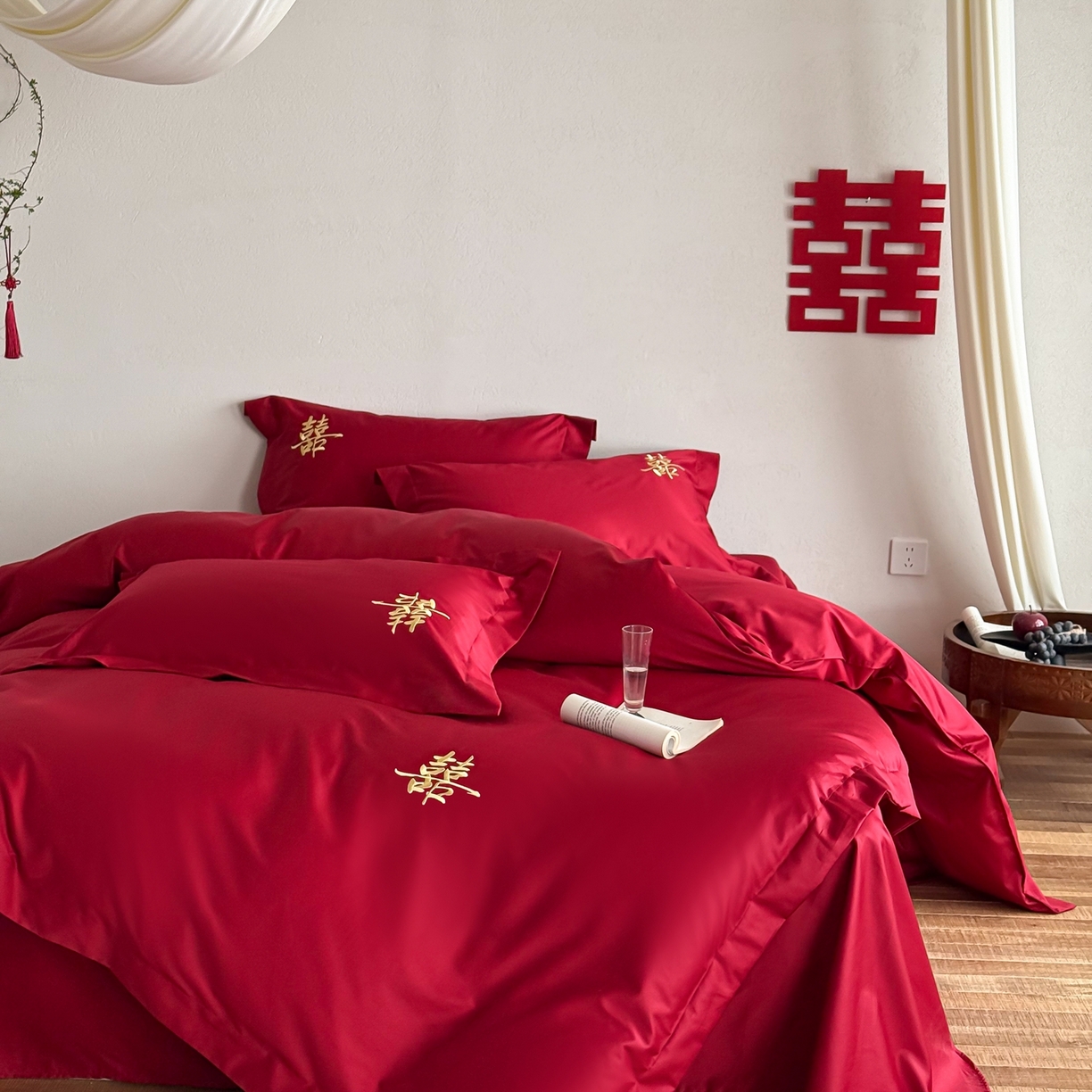 91家纺网 家纺一手货源 找家纺 （总）西西家居 2026新款100S长绒棉纯棉刺绣四件套-家有囍事（含精致红色礼盒）