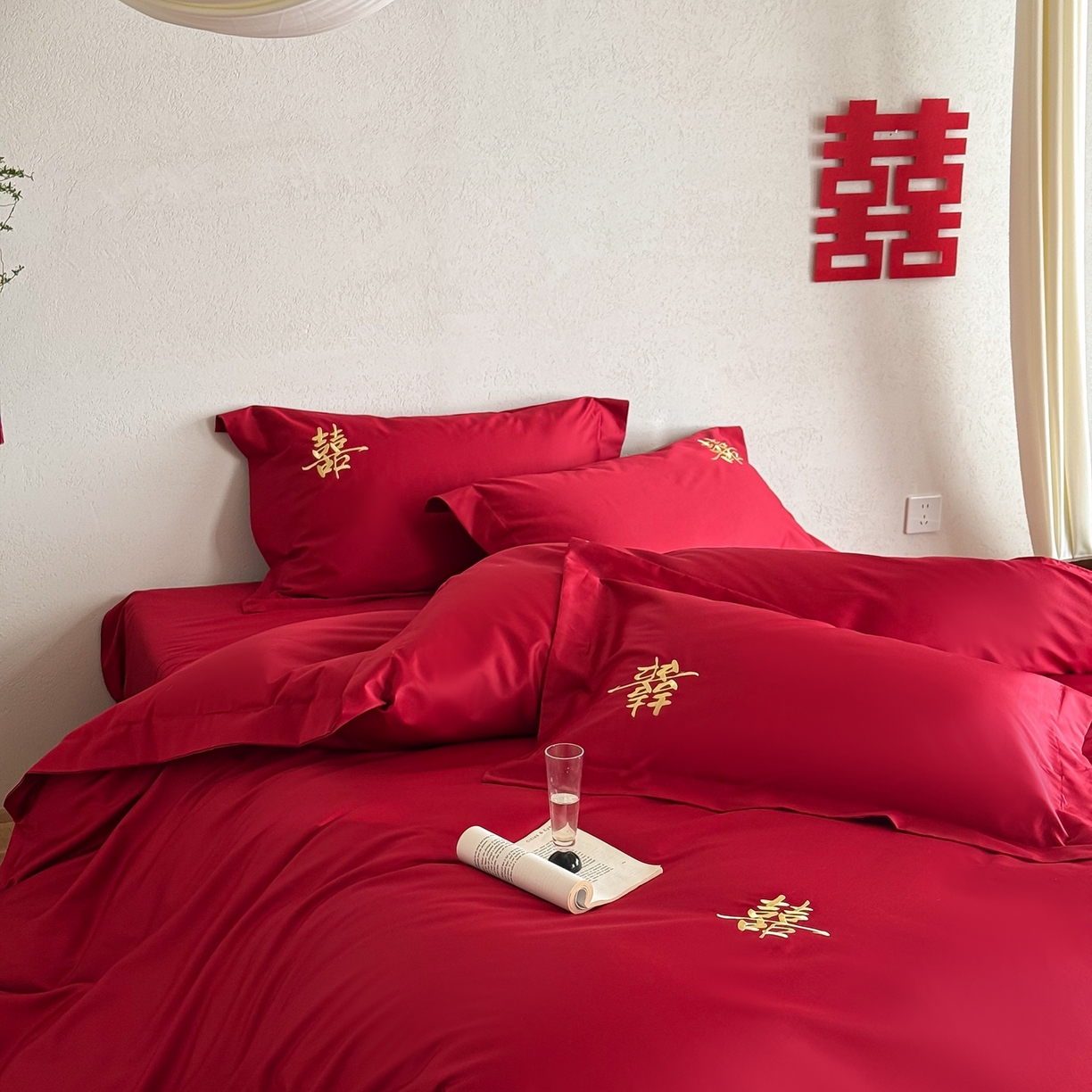 91家纺网 家纺一手货源 找家纺 （总）西西家居 2026新款100S长绒棉纯棉刺绣四件套-家有囍事（含精致红色礼盒）