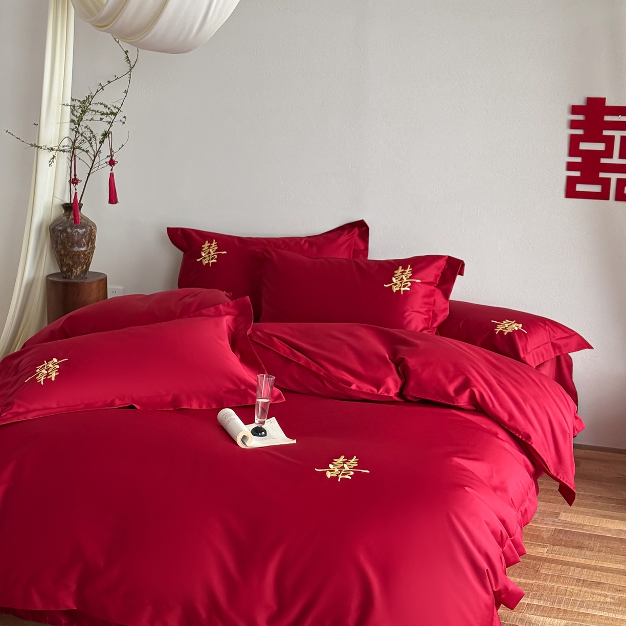 91家纺网 家纺一手货源 找家纺 （总）西西家居 2026新款100S长绒棉纯棉刺绣四件套-家有囍事（含精致红色礼盒）