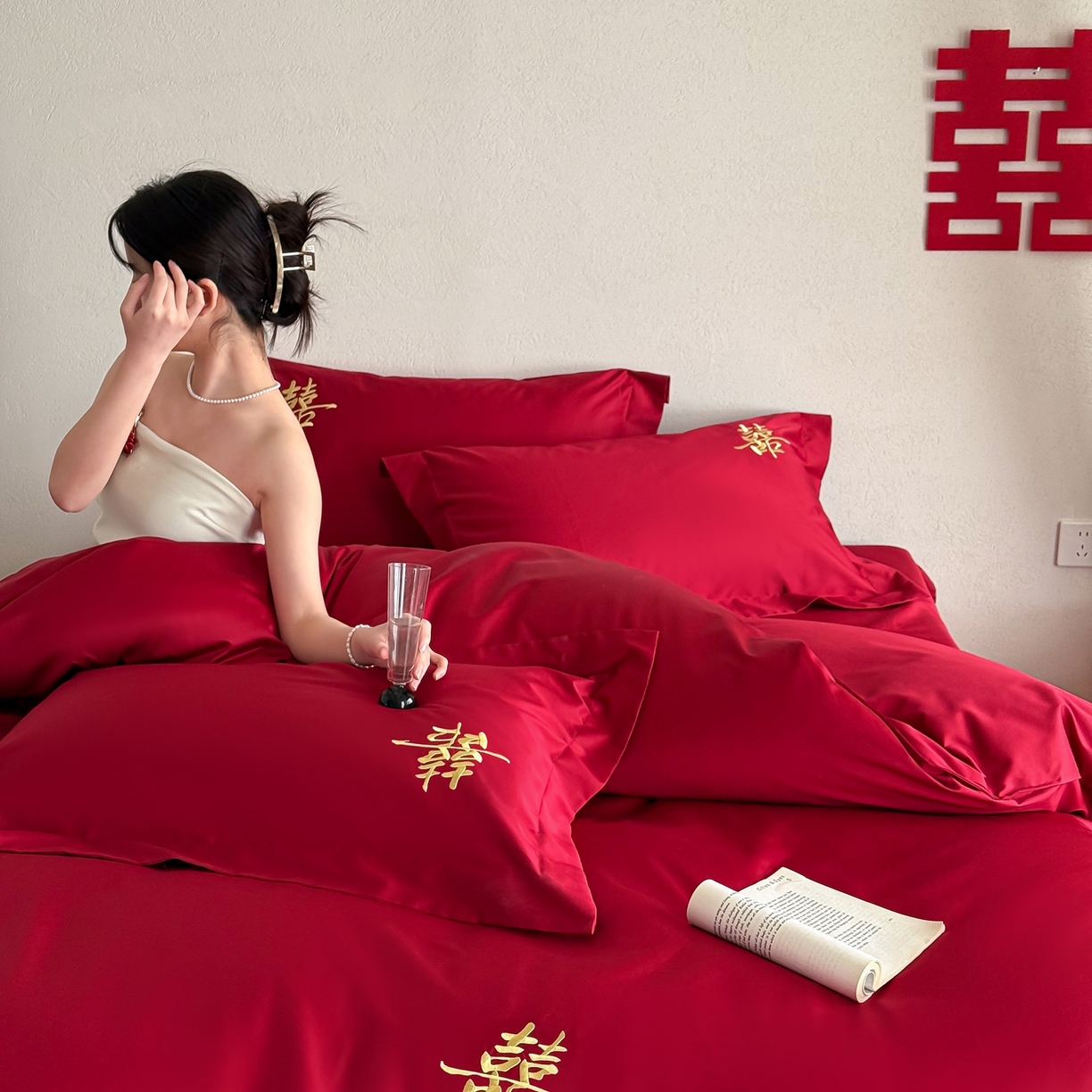 91家纺网 家纺一手货源 找家纺 （总）西西家居 2026新款100S长绒棉纯棉刺绣四件套-家有囍事（含精致红色礼盒）