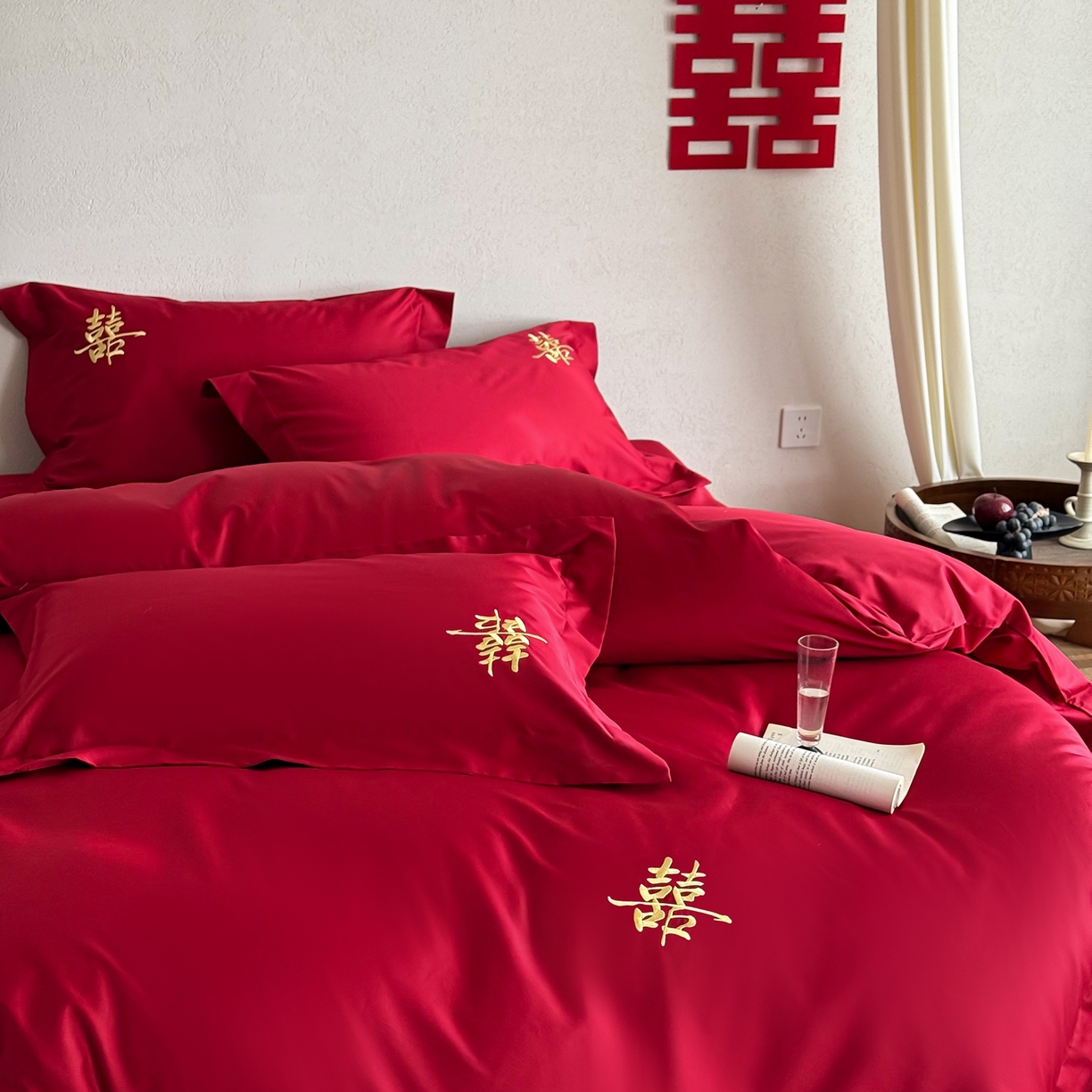 91家纺网 家纺一手货源 找家纺 （总）西西家居 2026新款100S长绒棉纯棉刺绣四件套-家有囍事（含精致红色礼盒）