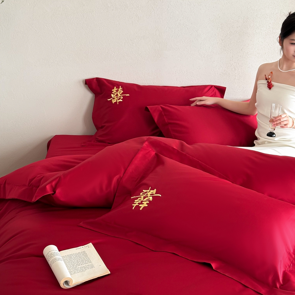 91家纺网 家纺一手货源 找家纺 （总）西西家居 2026新款100S长绒棉纯棉刺绣四件套-家有囍事（含精致红色礼盒）