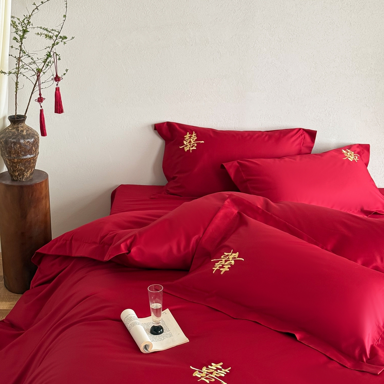 91家纺网 家纺一手货源 找家纺 （总）西西家居 2026新款100S长绒棉纯棉刺绣四件套-家有囍事（含精致红色礼盒）