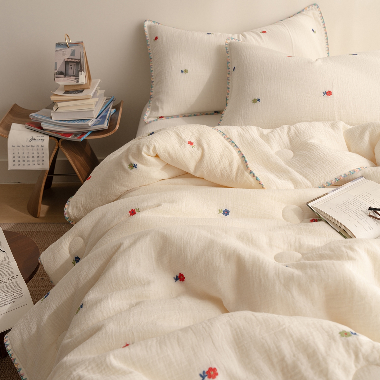 91家纺网 家纺一手货源 找家纺 （总）被窝家纺 2026新款全棉双层皱皱纱剪花大豆夏被夏凉被空调被四件套-山茶花