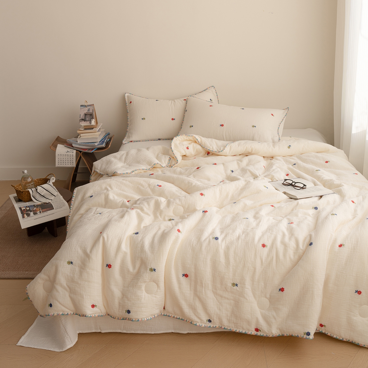 91家纺网 家纺一手货源 找家纺 （总）被窝家纺 2026新款全棉双层皱皱纱剪花大豆夏被夏凉被空调被四件套-山茶花