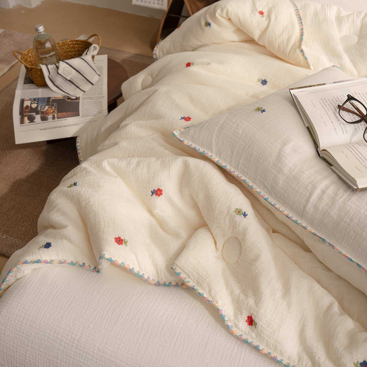 91家纺网 家纺一手货源 找家纺 （总）被窝家纺 2026新款全棉双层皱皱纱剪花大豆夏被夏凉被空调被四件套-山茶花