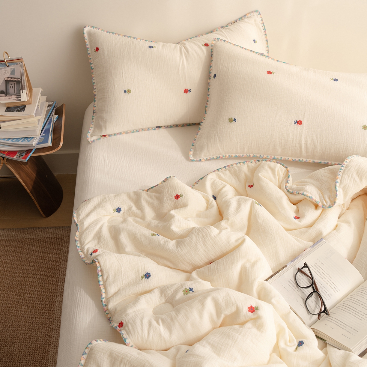 91家纺网 家纺一手货源 找家纺 （总）被窝家纺 2026新款全棉双层皱皱纱剪花大豆夏被夏凉被空调被四件套-山茶花