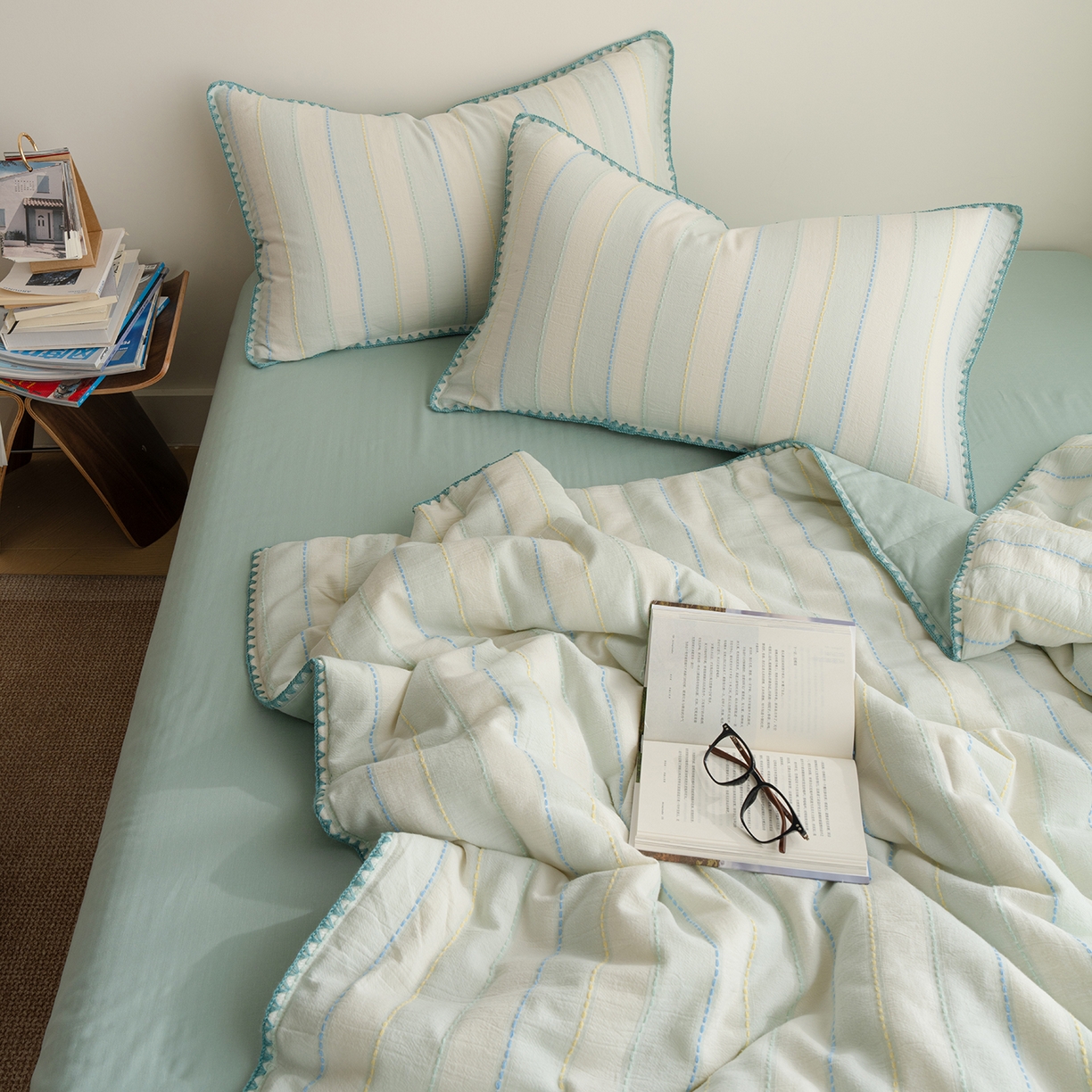 91家纺网 家纺一手货源 找家纺 （总）被窝家纺 2026新款全棉双层纱提花夏被夏凉被空调被四件套-青柠桃夭