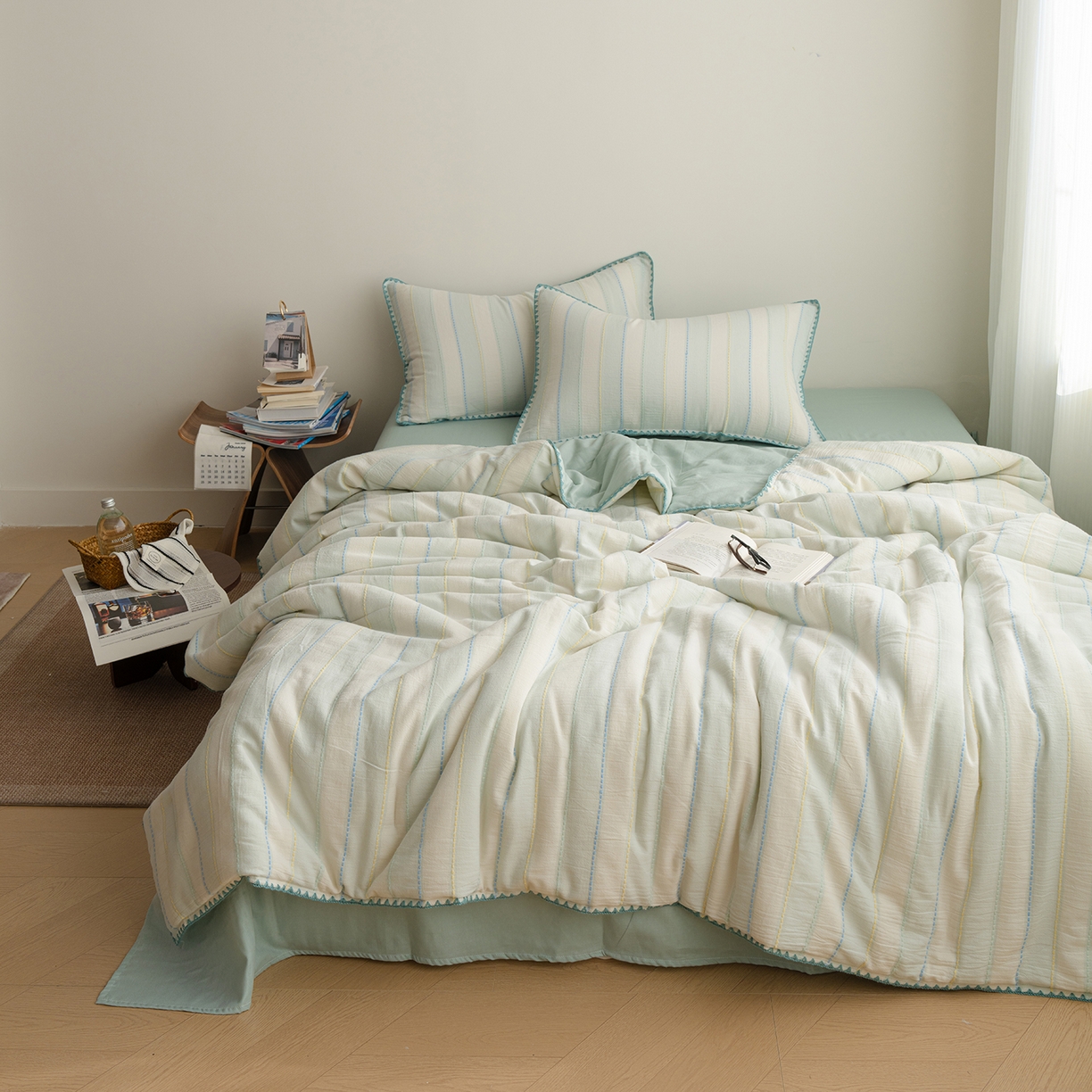 91家纺网 家纺一手货源 找家纺 （总）被窝家纺 2026新款全棉双层纱提花夏被夏凉被空调被四件套-青柠桃夭