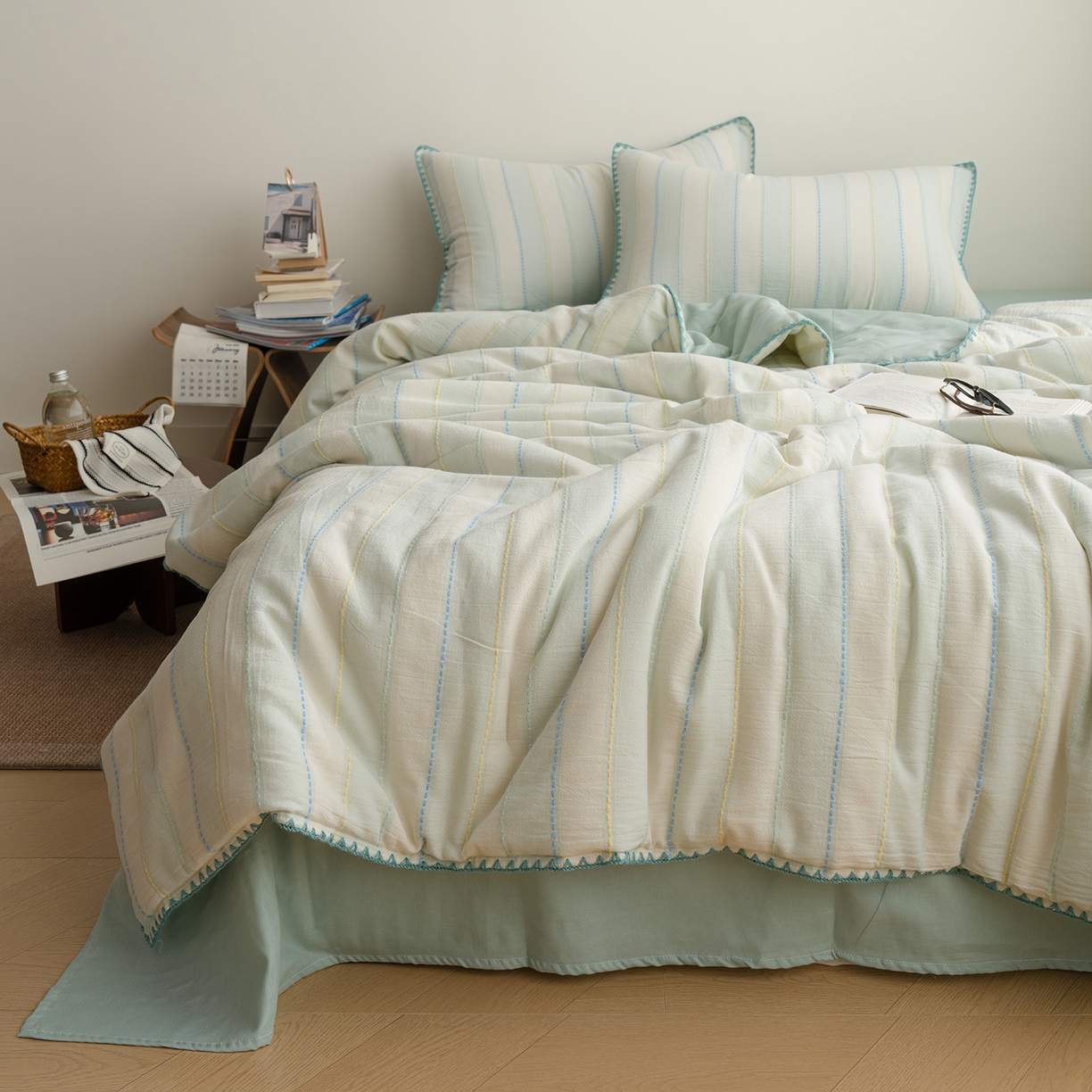 91家纺网 家纺一手货源 找家纺 （总）被窝家纺 2026新款全棉双层纱提花夏被夏凉被空调被四件套-青柠桃夭