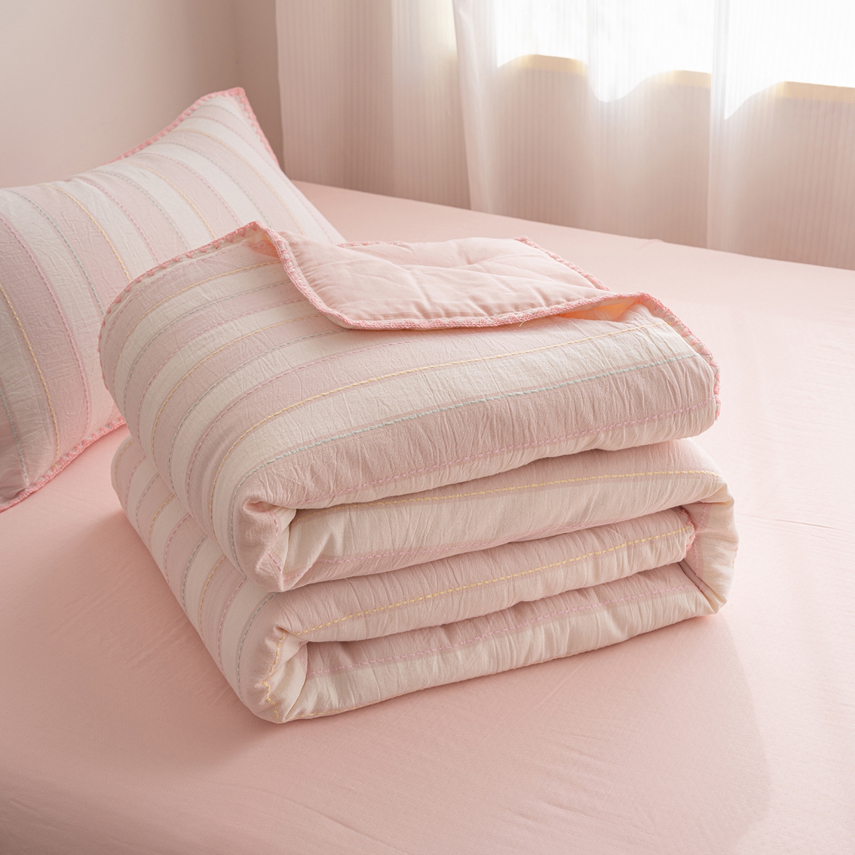 被窝家纺 2026新款全棉双层纱提花夏被夏凉被空调被四件套-青柠桃夭 桃夭