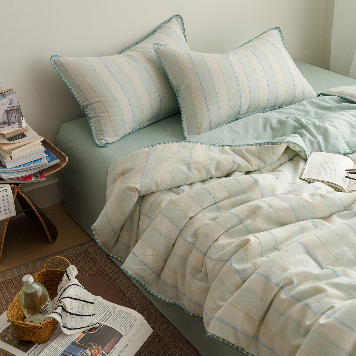 91家纺网 家纺一手货源 找家纺 被窝家纺 2026新款全棉双层纱提花夏被夏凉被空调被四件套-青柠桃夭 青柠