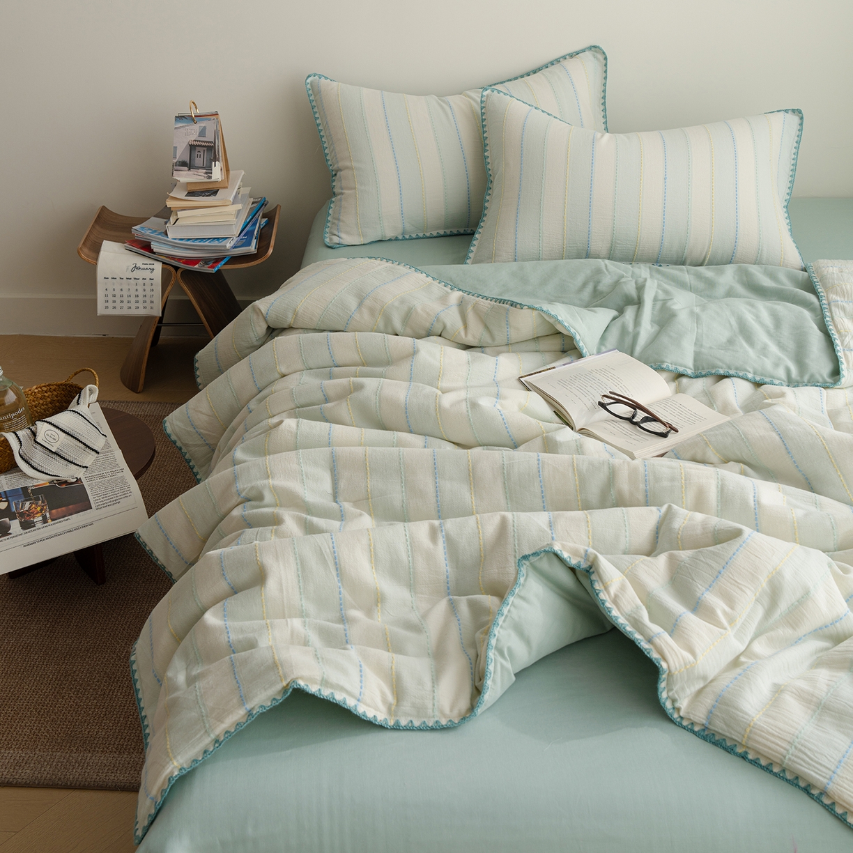 91家纺网 家纺一手货源 找家纺 被窝家纺 2026新款全棉双层纱提花夏被夏凉被空调被四件套-青柠桃夭 青柠