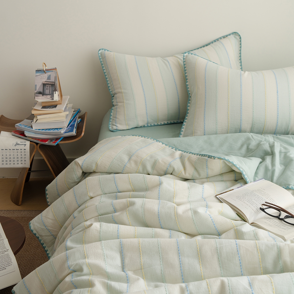 91家纺网 家纺一手货源 找家纺 被窝家纺 2026新款全棉双层纱提花夏被夏凉被空调被四件套-青柠桃夭 青柠