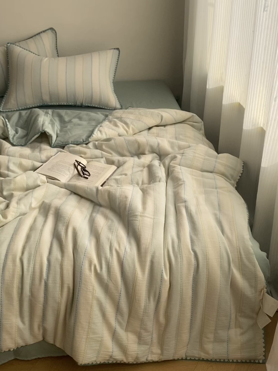 91家纺网 家纺一手货源 找家纺 （总）被窝家纺 2026新款全棉双层纱提花夏被夏凉被空调被四件套-青柠桃夭