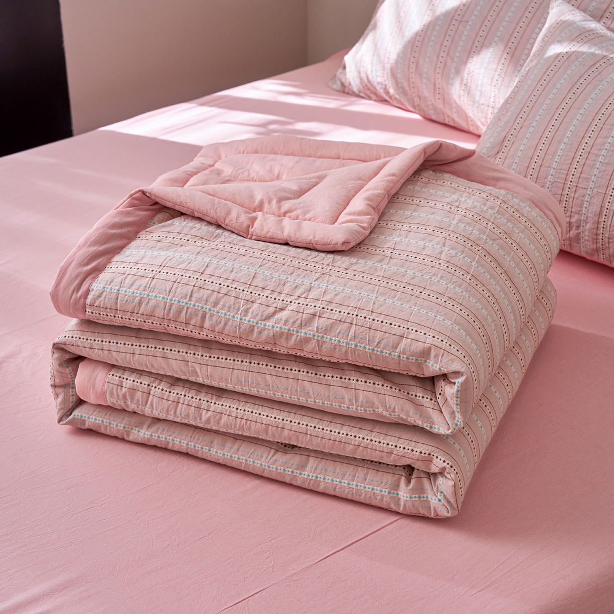 91家纺网 家纺一手货源 找家纺 被窝家纺 2026新款全棉色织提花夏被夏凉被空调被四件套-莫奈花园 莫奈花园-粉