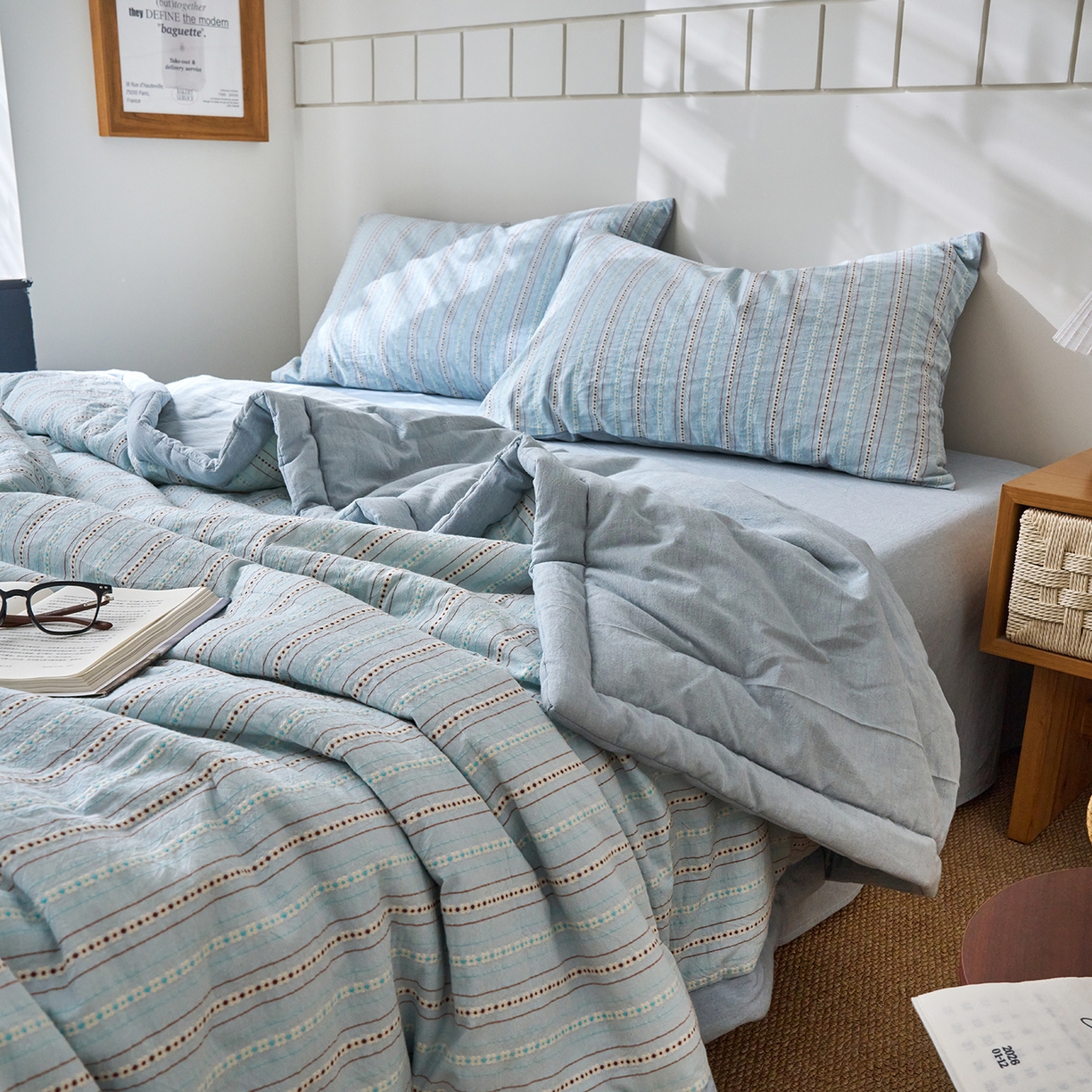 91家纺网 家纺一手货源 找家纺 被窝家纺 2026新款全棉色织提花夏被夏凉被空调被四件套-莫奈花园 莫奈花园-蓝