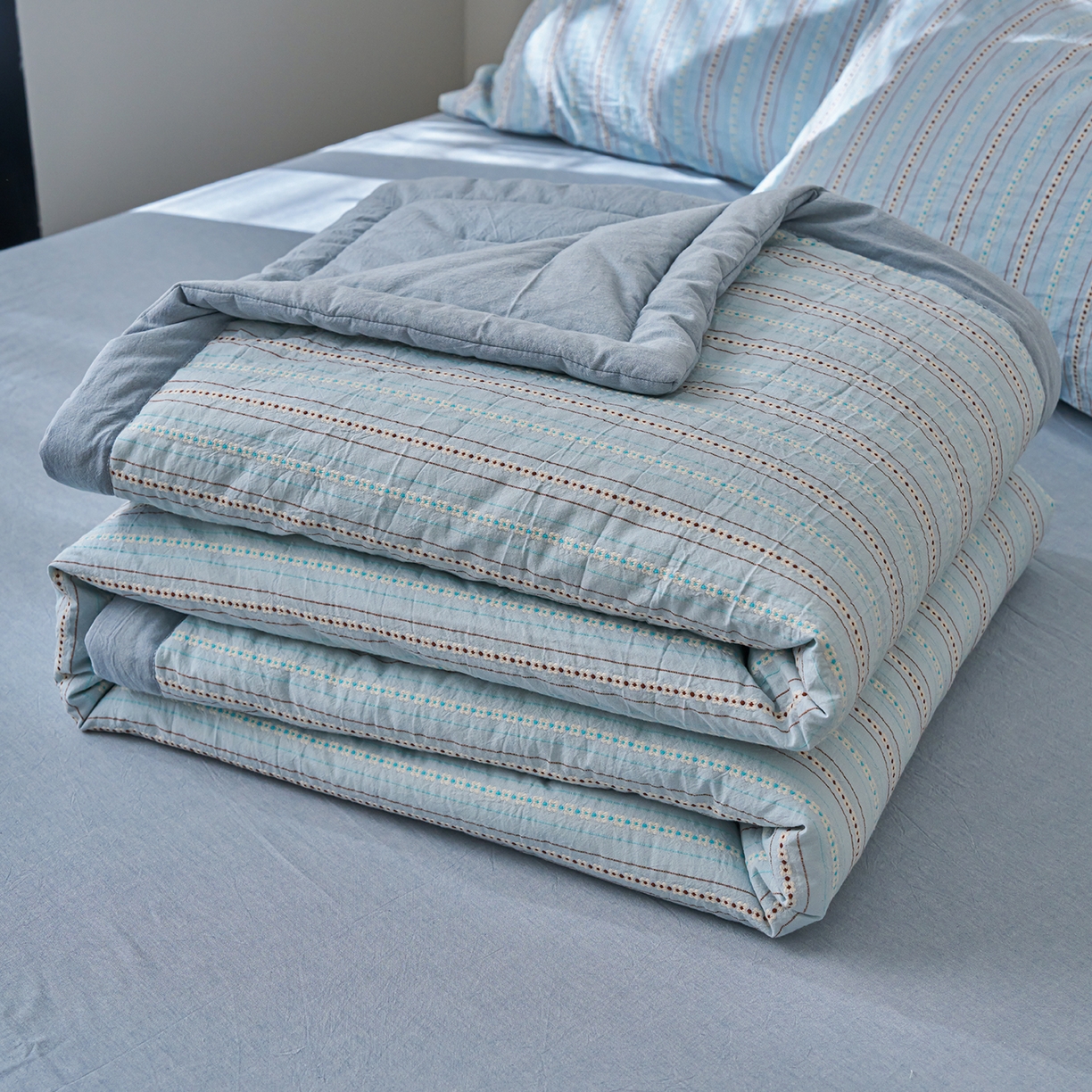 被窝家纺 2026新款全棉色织提花夏被夏凉被空调被四件套-莫奈花园 莫奈花园-蓝