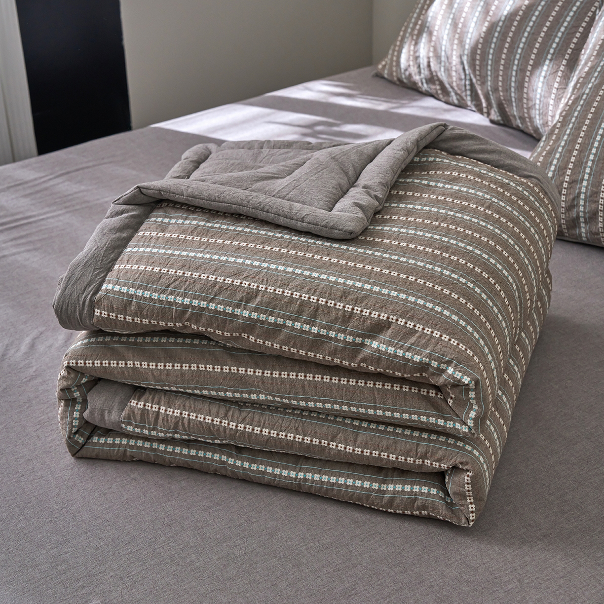 被窝家纺 2026新款全棉色织提花夏被夏凉被空调被四件套-莫奈花园 莫奈花园-灰