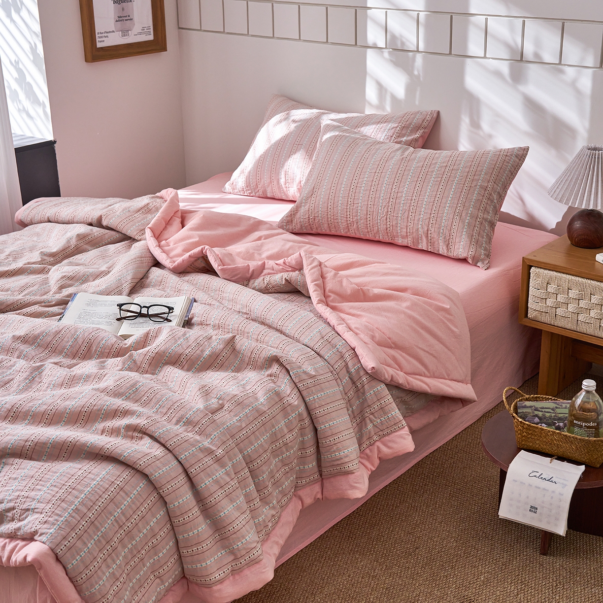 91家纺网 家纺一手货源 找家纺 被窝家纺 2026新款全棉色织提花夏被夏凉被空调被四件套-莫奈花园 莫奈花园-粉