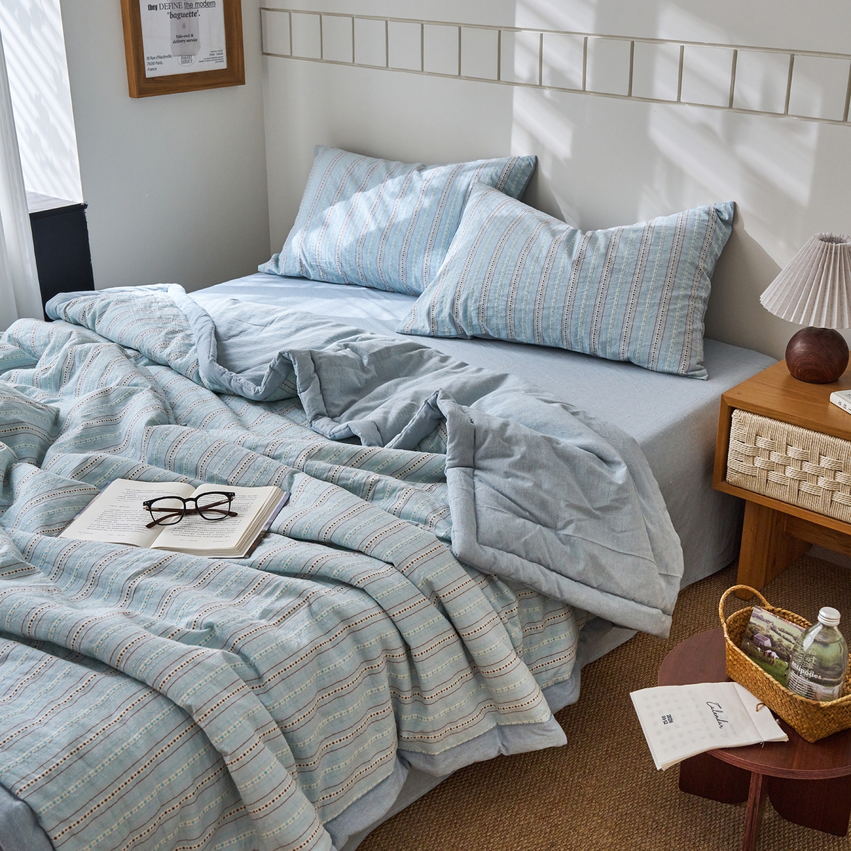 91家纺网 家纺一手货源 找家纺 被窝家纺 2026新款全棉色织提花夏被夏凉被空调被四件套-莫奈花园 莫奈花园-蓝