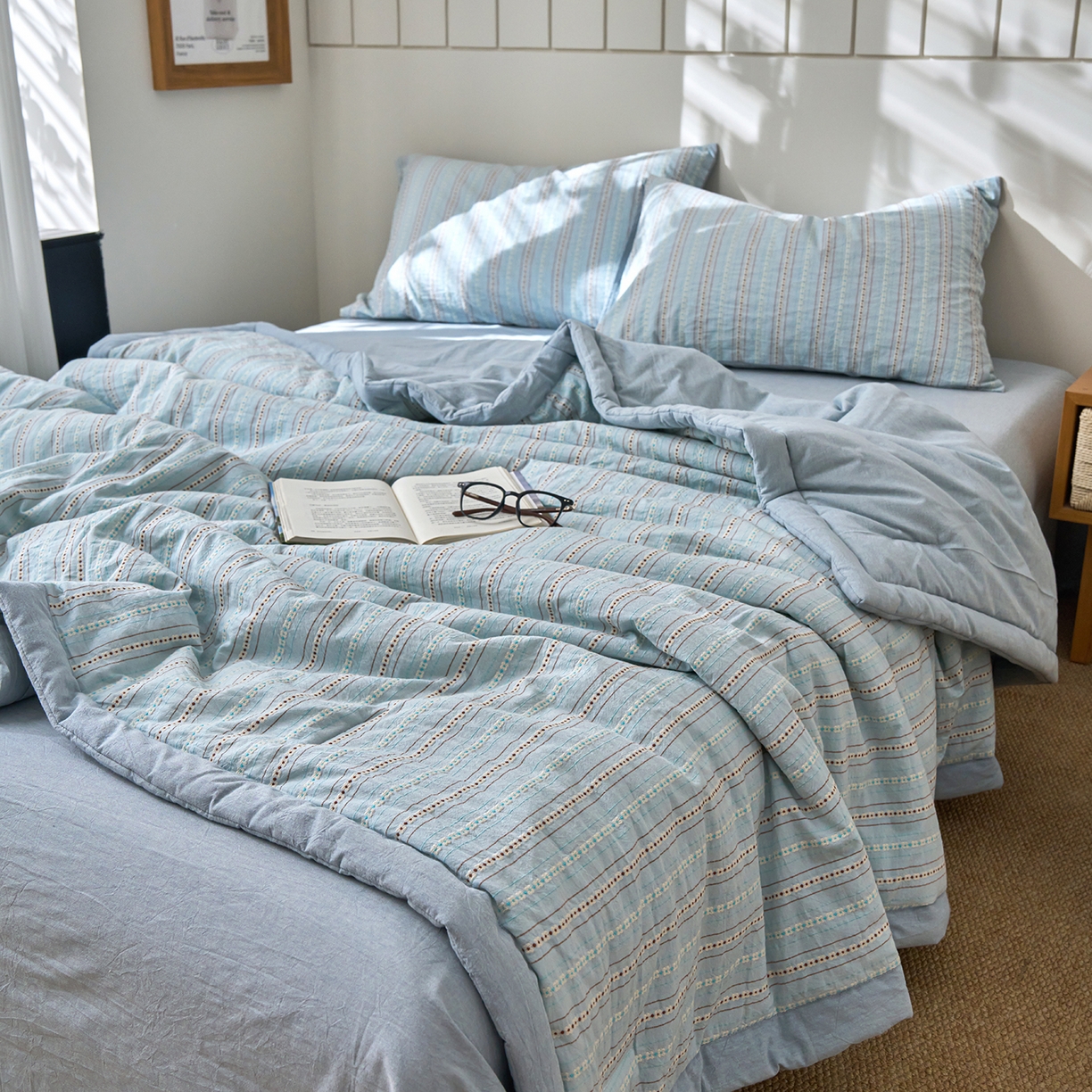 91家纺网 家纺一手货源 找家纺 被窝家纺 2026新款全棉色织提花夏被夏凉被空调被四件套-莫奈花园 莫奈花园-蓝