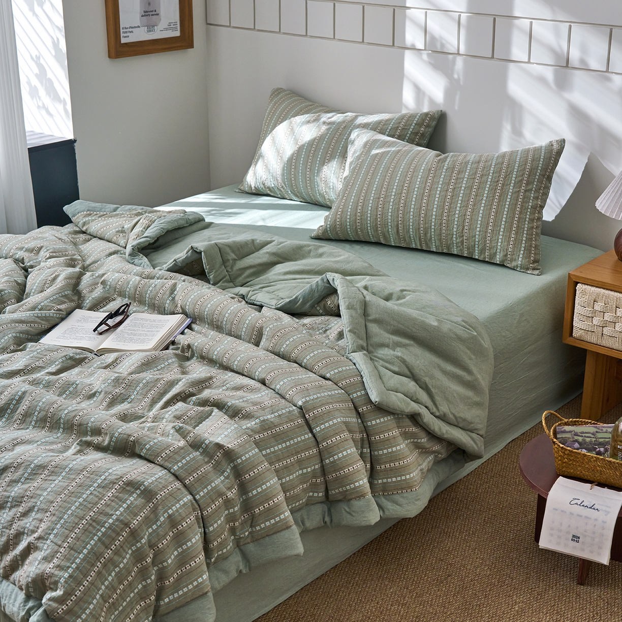 91家纺网 家纺一手货源 找家纺 被窝家纺 2026新款全棉色织提花夏被夏凉被空调被四件套-莫奈花园 莫奈花园-绿