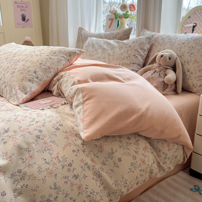 91家纺网 家纺一手货源 找家纺 如意朵 2026新款全棉棉麻印花四件套 粉黛