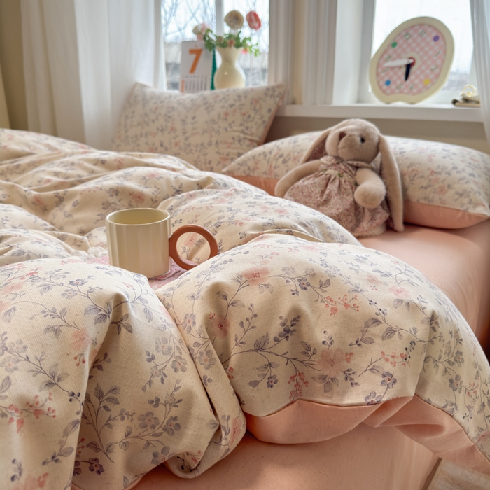 91家纺网 家纺一手货源 找家纺 如意朵 2026新款全棉棉麻印花四件套 粉黛