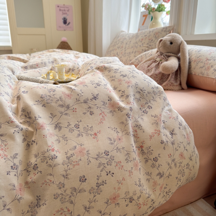 91家纺网 家纺一手货源 找家纺 如意朵 2026新款全棉棉麻印花四件套 粉黛