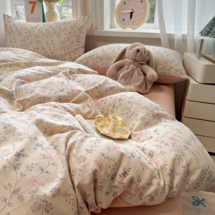 91家纺网 家纺一手货源 找家纺 如意朵 2026新款全棉棉麻印花四件套 粉黛