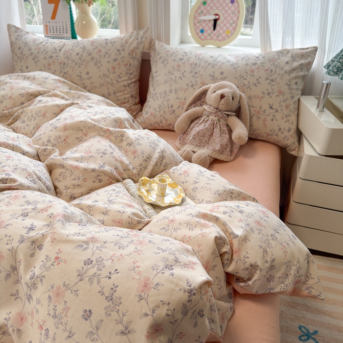 91家纺网 家纺一手货源 找家纺 如意朵 2026新款全棉棉麻印花四件套 粉黛