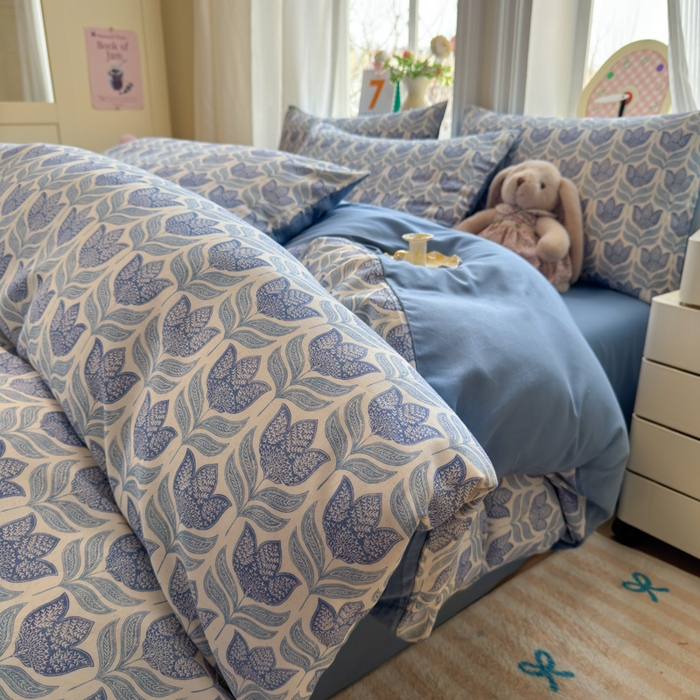 如意朵 2026新款全棉棉麻印花四件套 蓝郁