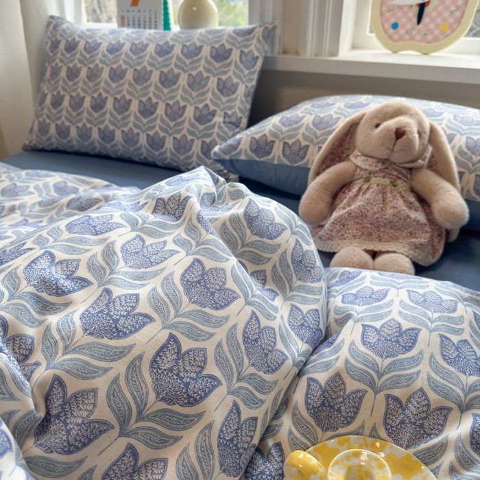 91家纺网 家纺一手货源 找家纺 如意朵 2026新款全棉棉麻印花四件套 蓝郁