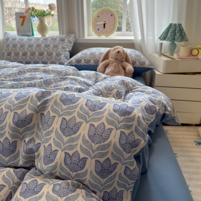 91家纺网 家纺一手货源 找家纺 如意朵 2026新款全棉棉麻印花四件套 蓝郁